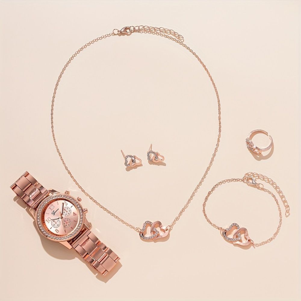 Women's Watch Jewelry 6-piece set (1PC watch +5PC jewelry) Rose gold quartz watch + Bracelet Necklace Ring Earrings Fashion rhinestone Watch accessories for girls the best birthday gift holiday gift
