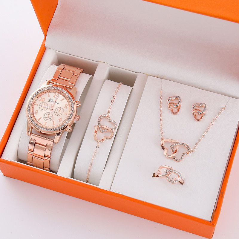 Women's Watch Jewelry 6-piece set (1PC watch +5PC jewelry) Rose gold quartz watch + Bracelet Necklace Ring Earrings Fashion rhinestone Watch accessories for girls the best birthday gift holiday gift