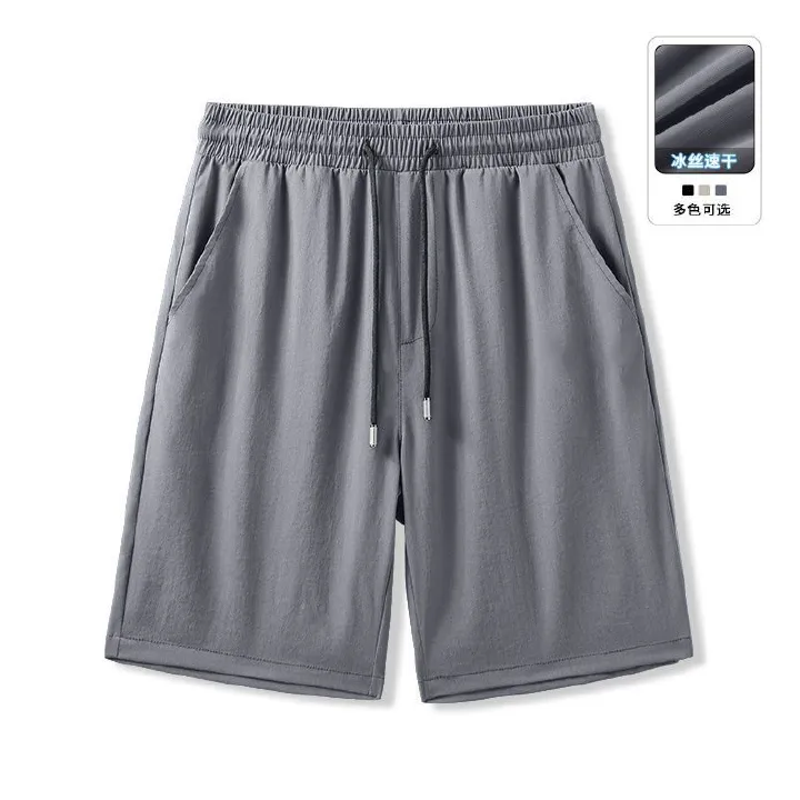 Summer five-ply short pants for men, light weight, loose-fitting, suitable for overweight individuals, black ice-silk five-inch men's trousers, shorts.