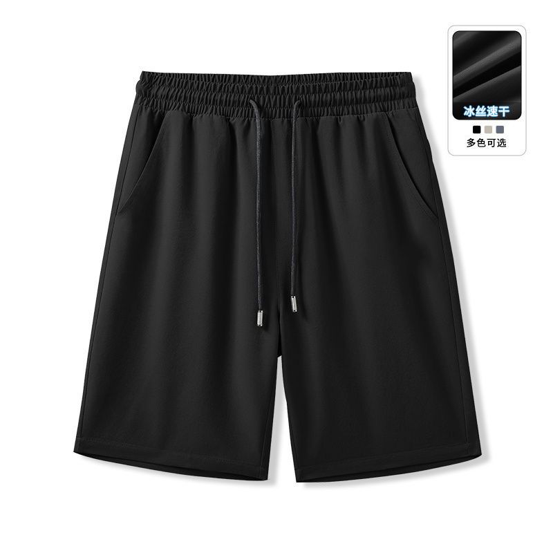 Summer five-ply short pants for men, light weight, loose-fitting, suitable for overweight individuals, black ice-silk five-inch men's trousers, shorts.