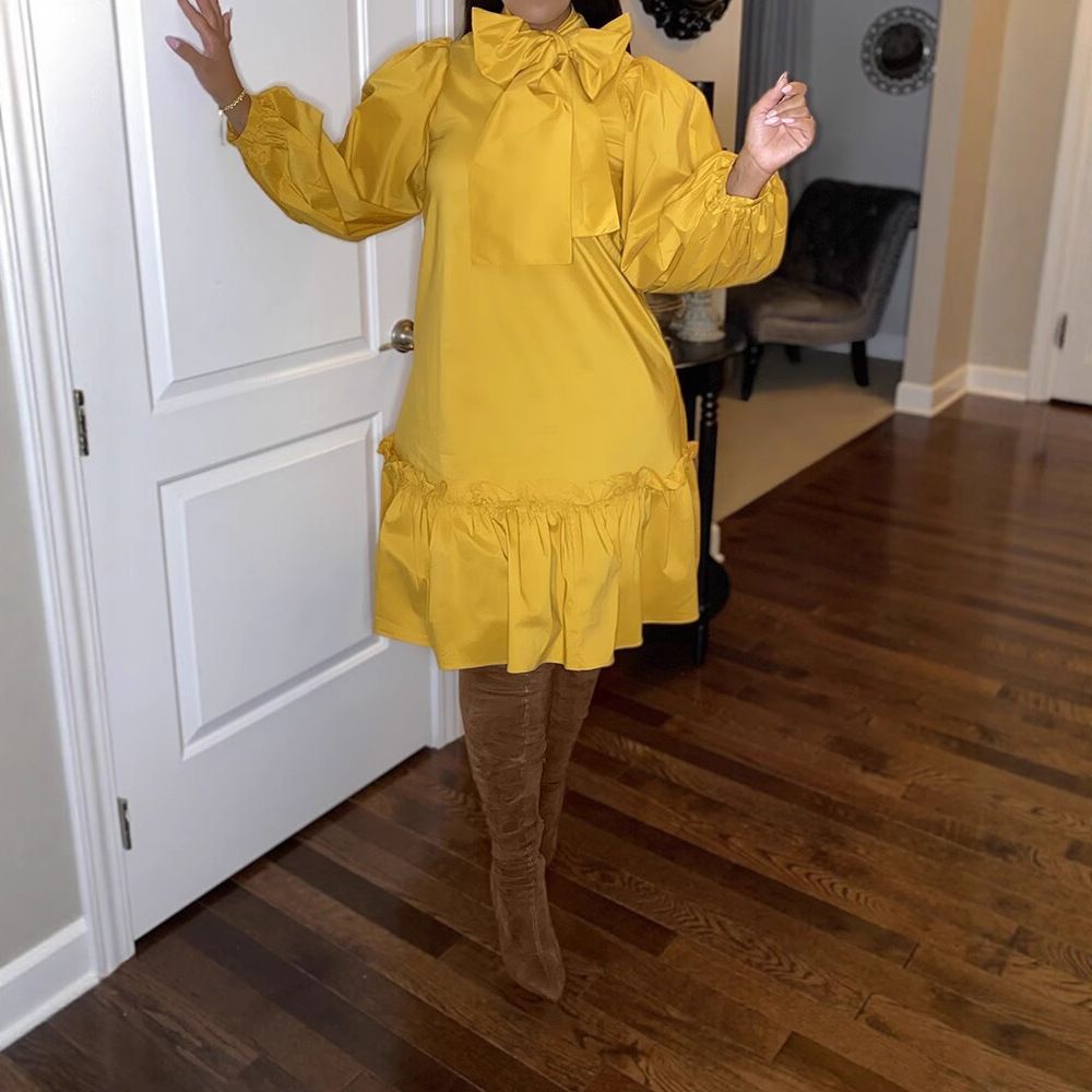 Trendy high-end round-neck tie-belted butterfly dress  Fashion bow-shaped ruffled sleeve dress  Loose and casual leaf-edge dress