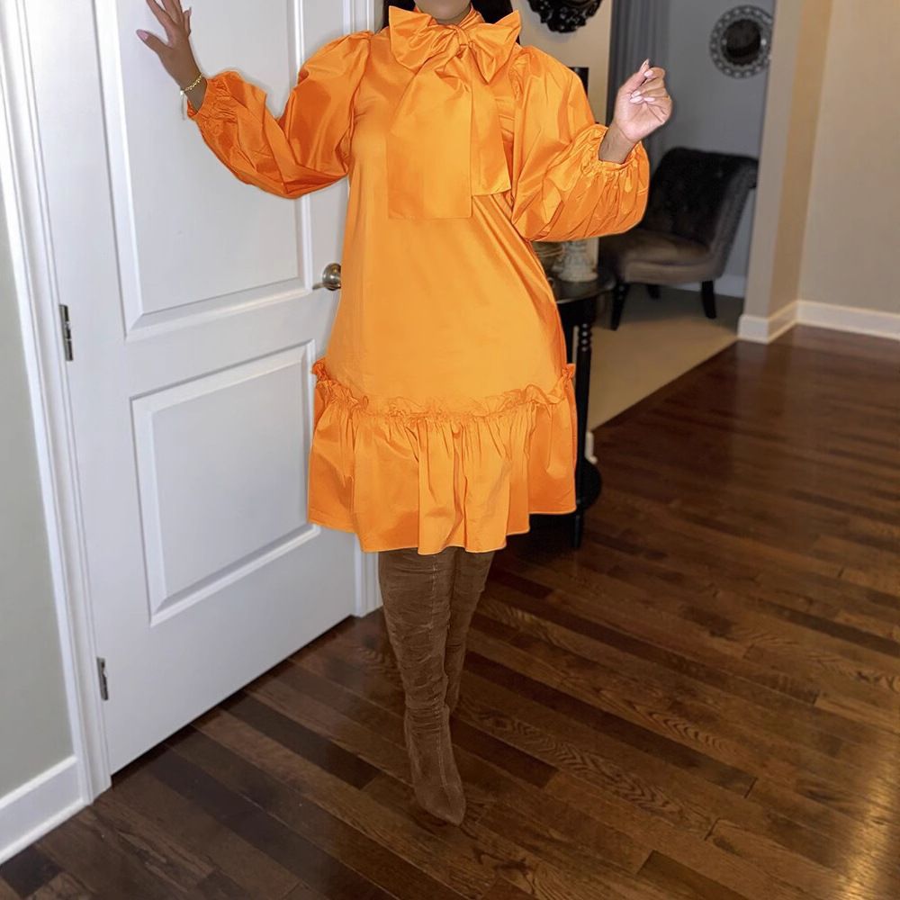 Trendy high-end round-neck tie-belted butterfly dress  Fashion bow-shaped ruffled sleeve dress  Loose and casual leaf-edge dress
