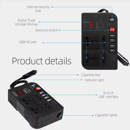 300W Car Power Inverter – DC 12V to AC 220V Converter with USB & Cigarette Lighter Plug for Laptops & Starlink Mini