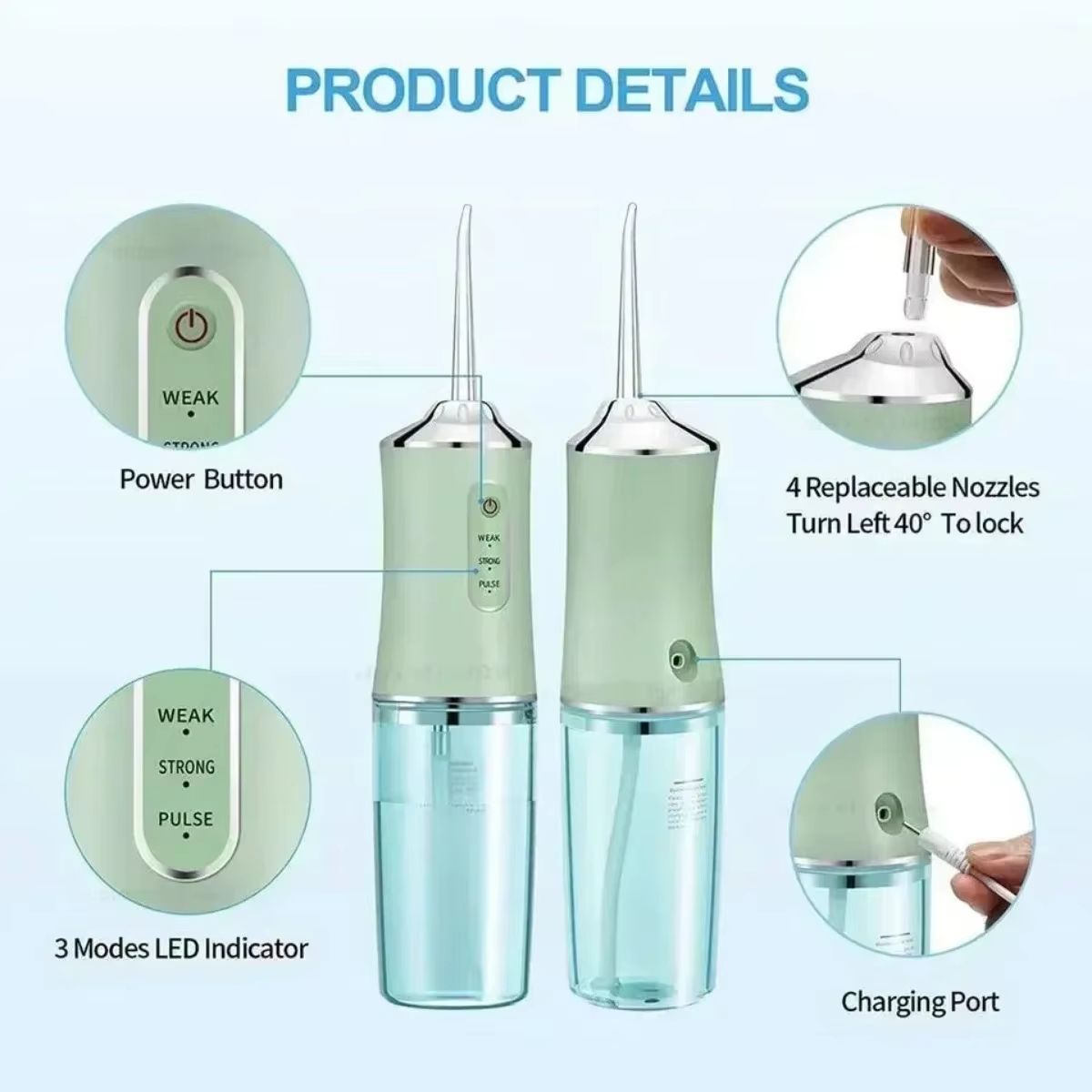 Oral Irrigator Portable Dental Water Flosser USB Rechargeable Water Jet Floss Tooth Pick 4 Jet Tip 220ml 3 Modes Teeth PH260