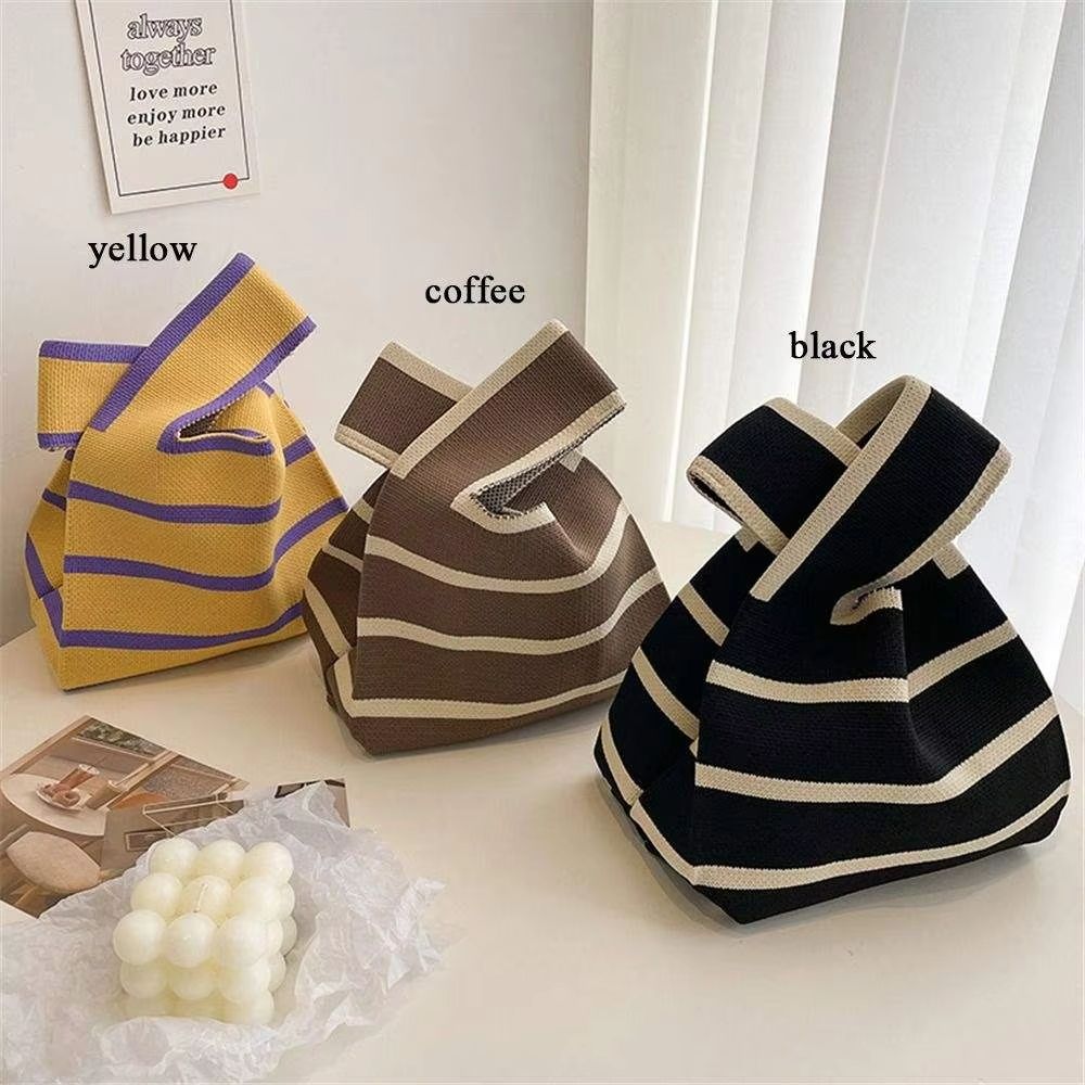 Women Mini Handbag Handmade Knit Knot Wrist Bag Japanese Color Wide Stripe Plaid Tote Bag Student Reusable Shopping Bags