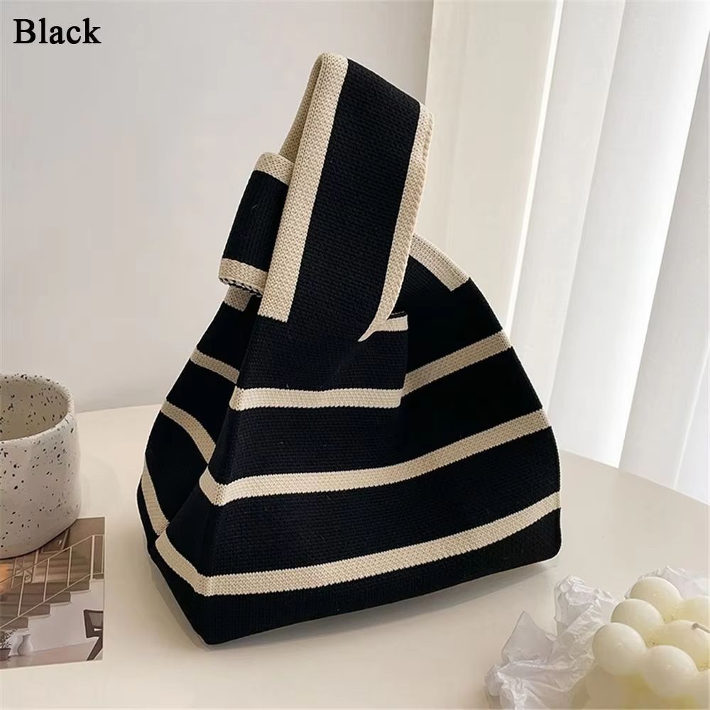 Women Mini Handbag Handmade Knit Knot Wrist Bag Japanese Color Wide Stripe Plaid Tote Bag Student Reusable Shopping Bags