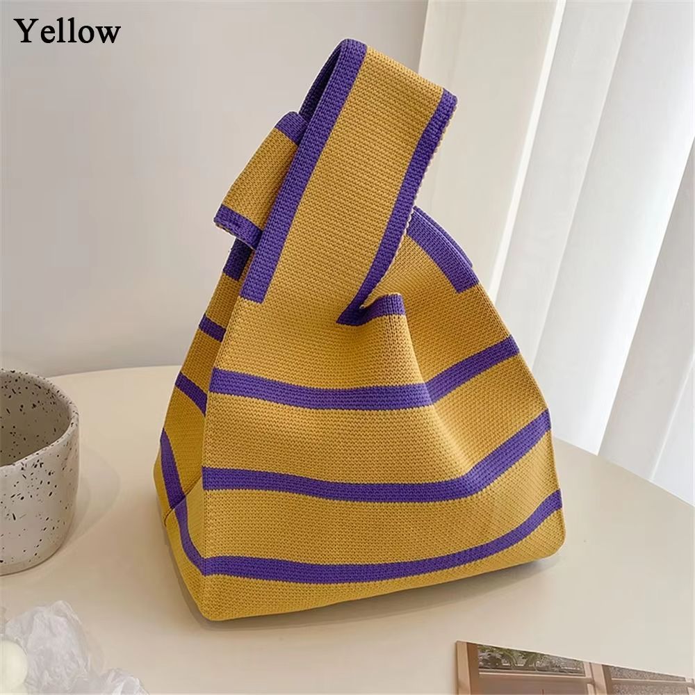 Women Mini Handbag Handmade Knit Knot Wrist Bag Japanese Color Wide Stripe Plaid Tote Bag Student Reusable Shopping Bags
