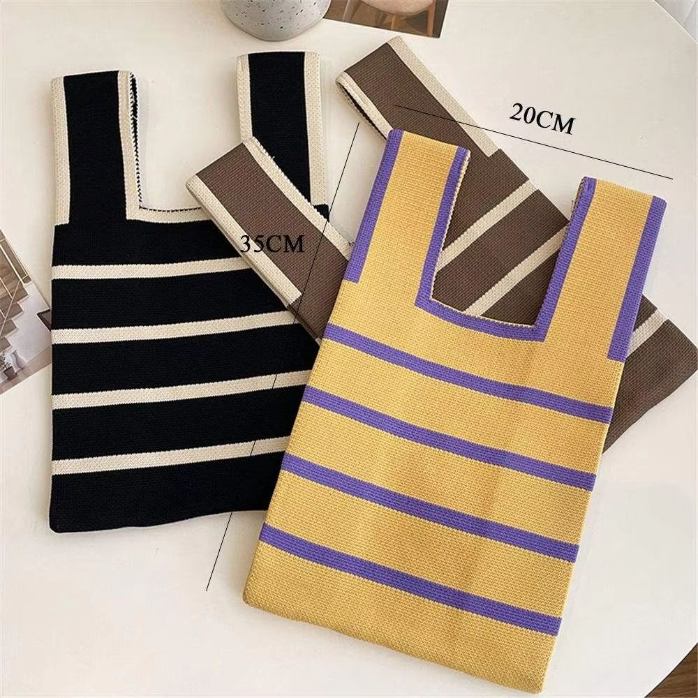 Women Mini Handbag Handmade Knit Knot Wrist Bag Japanese Color Wide Stripe Plaid Tote Bag Student Reusable Shopping Bags