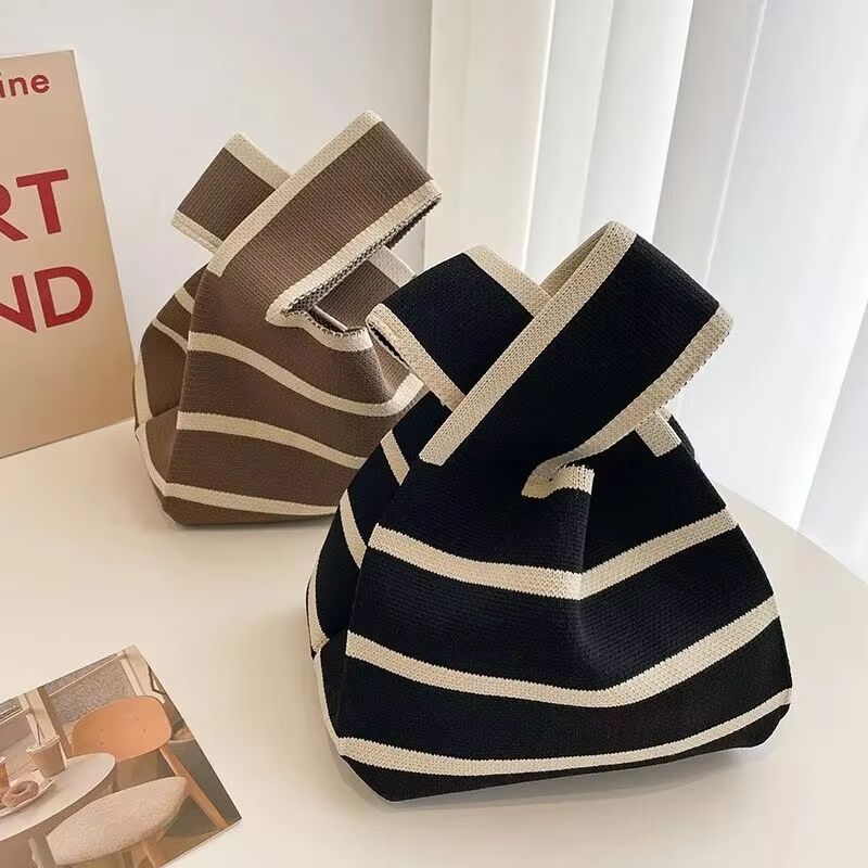 Women Mini Handbag Handmade Knit Knot Wrist Bag Japanese Color Wide Stripe Plaid Tote Bag Student Reusable Shopping Bags