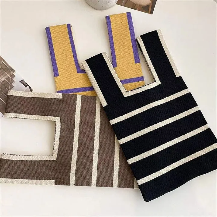 Women Mini Handbag Handmade Knit Knot Wrist Bag Japanese Color Wide Stripe Plaid Tote Bag Student Reusable Shopping Bags
