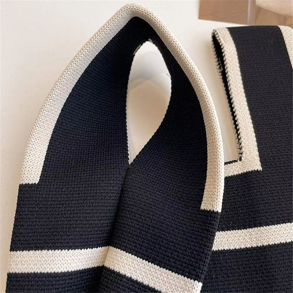 Women Mini Handbag Handmade Knit Knot Wrist Bag Japanese Color Wide Stripe Plaid Tote Bag Student Reusable Shopping Bags