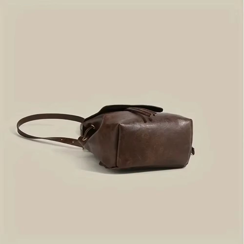 2025 Now Small Drawstring Flap Backpack Women Mini PU Leather Textured School Backpack Fashion Travel Commuter Bag Girl Bakpacks