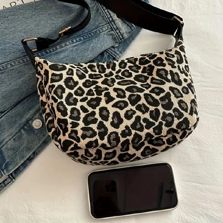 Women's Leopard Print Crossbody Bag Stylish Durable Nylon Small Purse with Comfortable Wide Strap for Shopping, Office, Travel