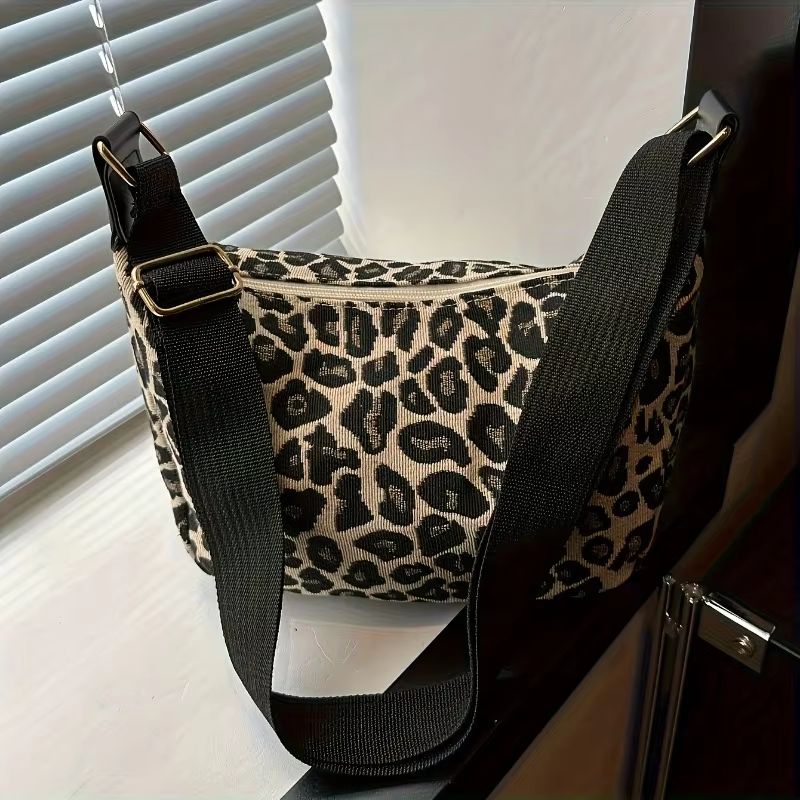 Women's Leopard Print Crossbody Bag Stylish Durable Nylon Small Purse with Comfortable Wide Strap for Shopping, Office, Travel
