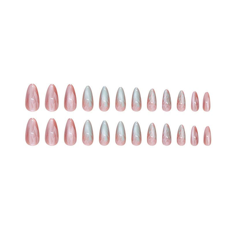 24Pcs Blue Almond False Nails Stained Glitter with French Design Wearable Fake Nail Decoration Full Cover Press on Nail Tips Art