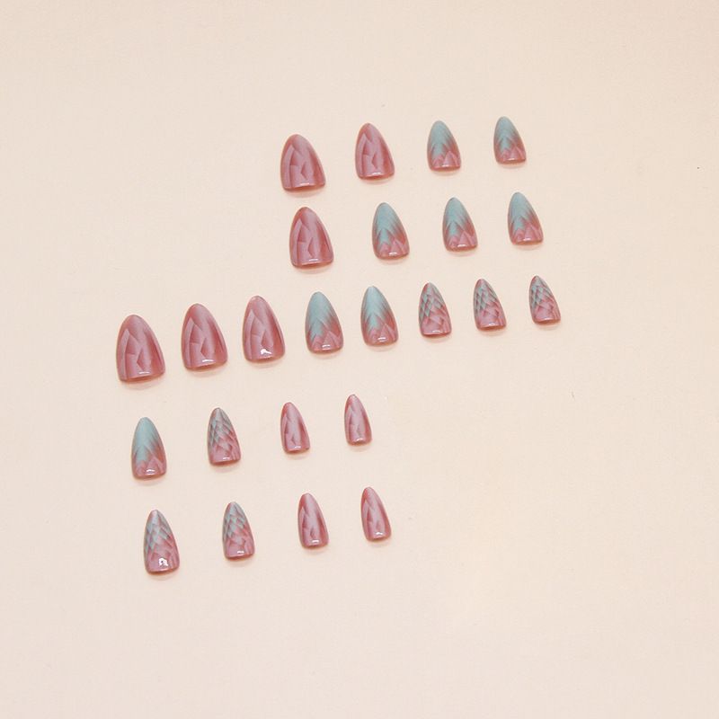 24Pcs Blue Almond False Nails Stained Glitter with French Design Wearable Fake Nail Decoration Full Cover Press on Nail Tips Art