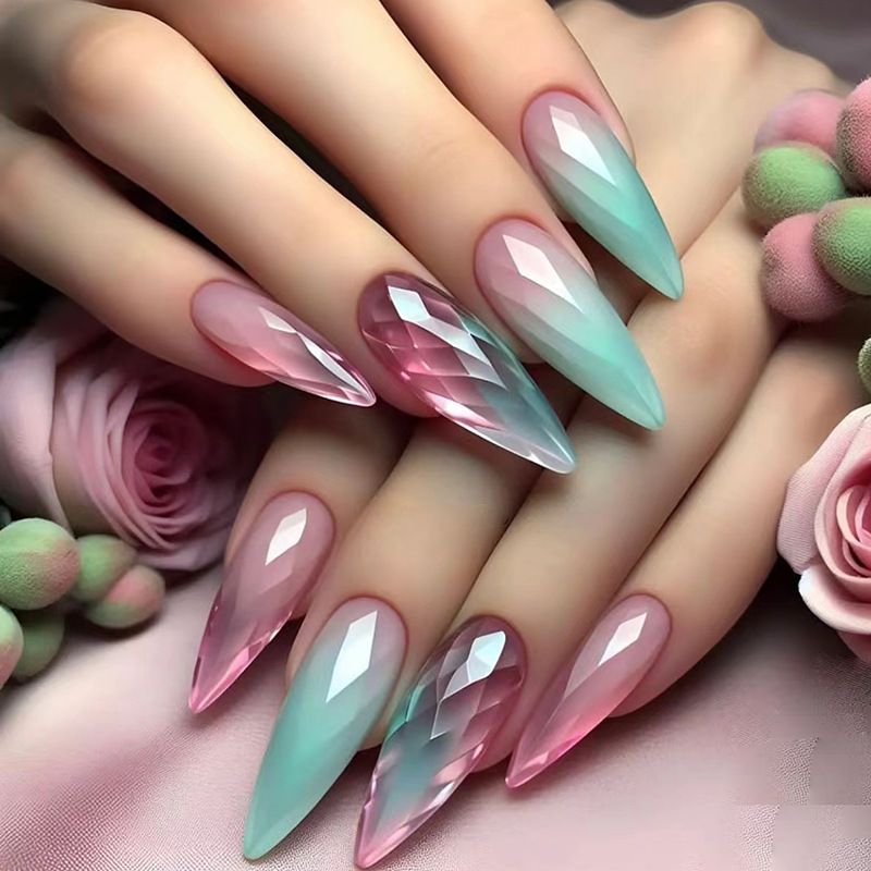 24Pcs Blue Almond False Nails Stained Glitter with French Design Wearable Fake Nail Decoration Full Cover Press on Nail Tips Art