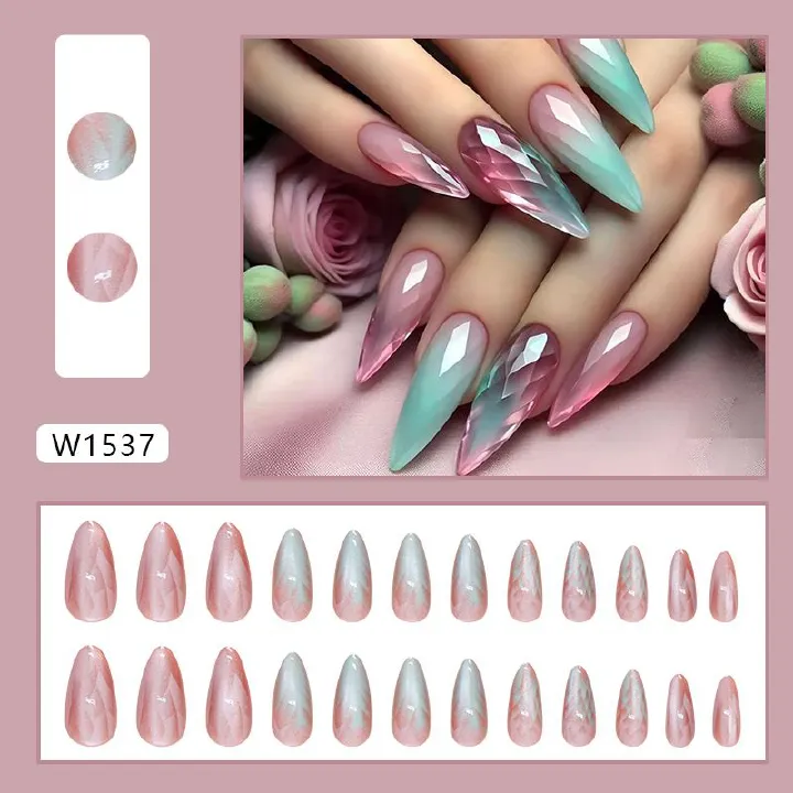 24Pcs Blue Almond False Nails Stained Glitter with French Design Wearable Fake Nail Decoration Full Cover Press on Nail Tips Art