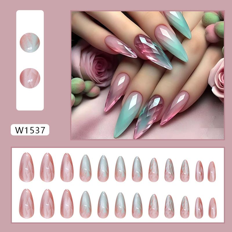 24Pcs Blue Almond False Nails Stained Glitter with French Design Wearable Fake Nail Decoration Full Cover Press on Nail Tips Art