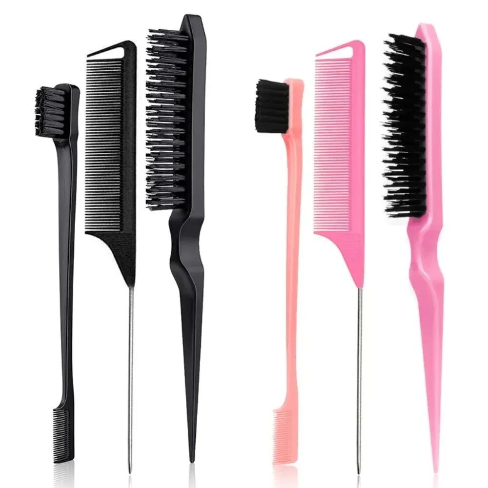 3Pcs Slick Back Hair Brush Set Bristle Hair Brush Brush Teasing Comb for Women Baby Kids Black Hair
