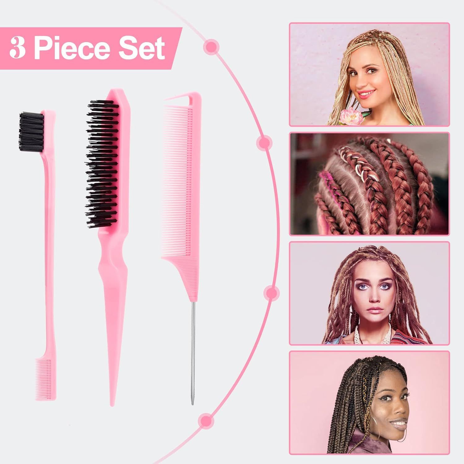 3Pcs Slick Back Hair Brush Set Bristle Hair Brush Brush Teasing Comb for Women Baby Kids Black Hair