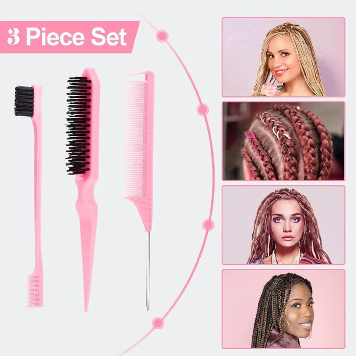 3Pcs Slick Back Hair Brush Set Bristle Hair Brush Brush Teasing Comb for Women Baby Kids Black Hair