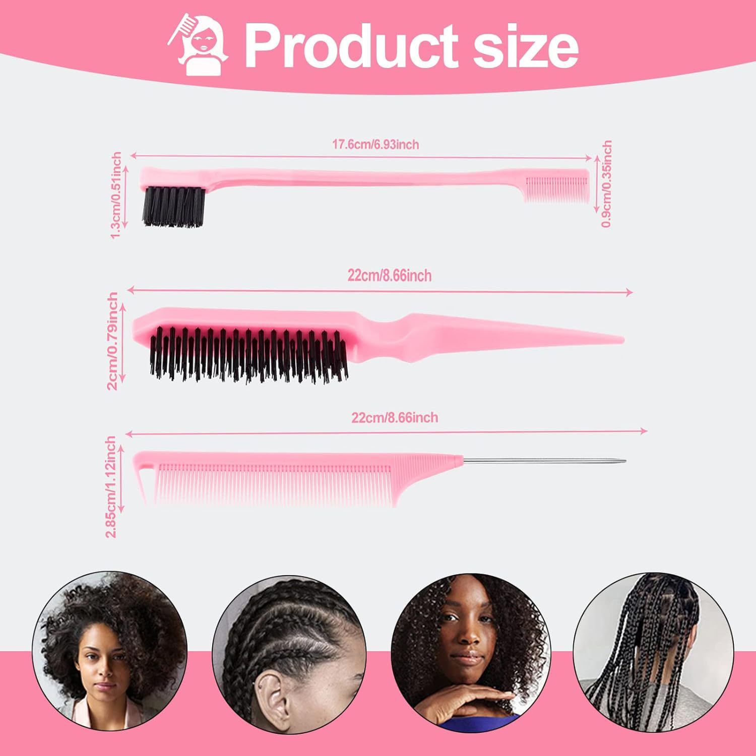 3Pcs Slick Back Hair Brush Set Bristle Hair Brush Brush Teasing Comb for Women Baby Kids Black Hair