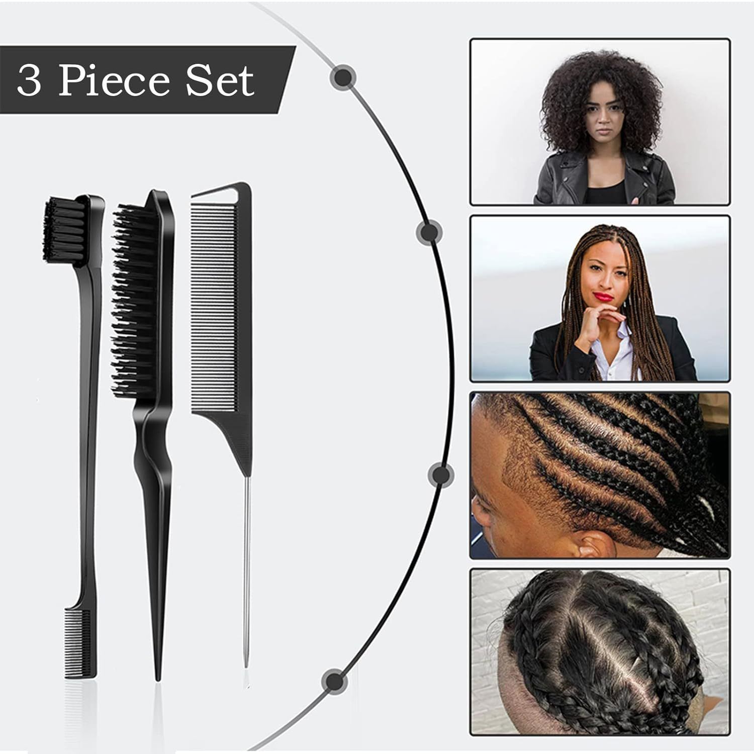 3Pcs Slick Back Hair Brush Set Bristle Hair Brush Brush Teasing Comb for Women Baby Kids Black Hair