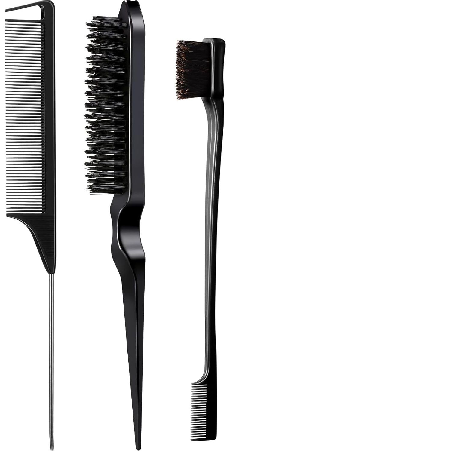 3Pcs Slick Back Hair Brush Set Bristle Hair Brush Brush Teasing Comb for Women Baby Kids Black Hair