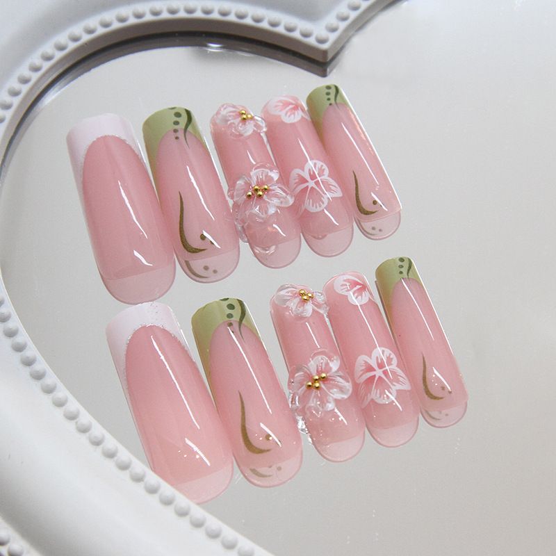 24Pcs/set Medium Length French Fake Nails Blue Pink Halo Glossy False Nail Artificial Acrylic Press On Nails Art tips Removable