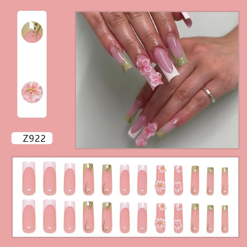 24Pcs/set Medium Length French Fake Nails Blue Pink Halo Glossy False Nail Artificial Acrylic Press On Nails Art tips Removable