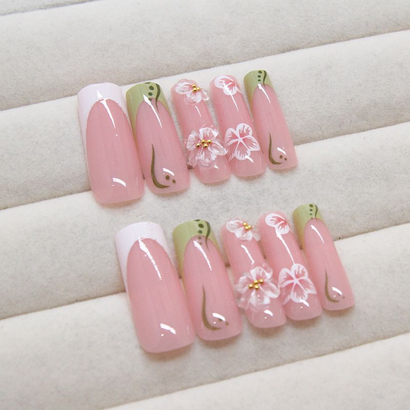 24Pcs/set Medium Length French Fake Nails Blue Pink Halo Glossy False Nail Artificial Acrylic Press On Nails Art tips Removable