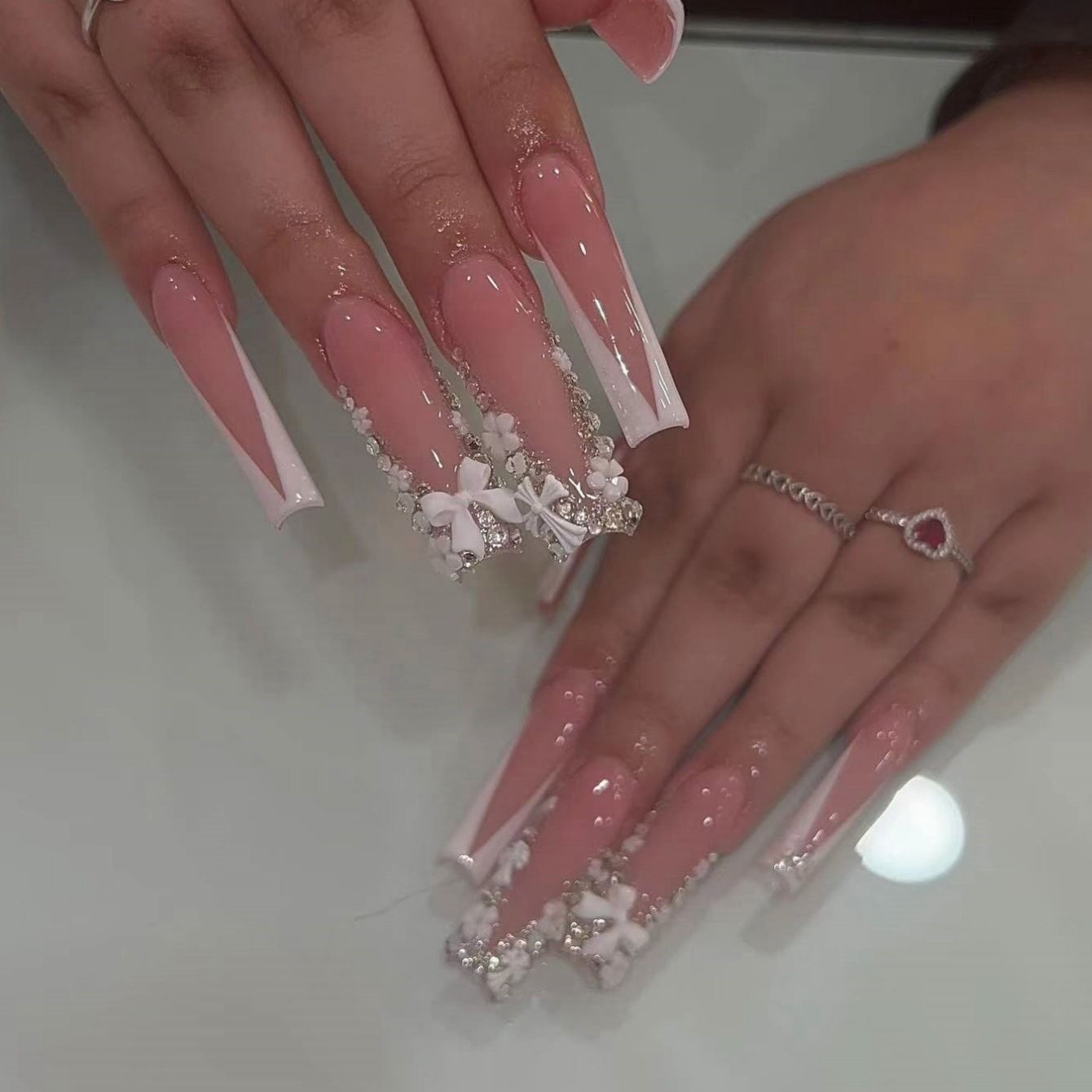 24Pcs Square False Nails with Jelly Glue Wearable Red Long Coffin Fake Nails Rhinestone Design Ballet Full Cover Press on Nails Tips