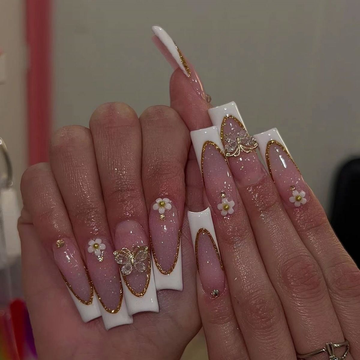 24Pcs Square False Nails with Jelly Glue Wearable Red Long Coffin Fake Nails Rhinestone Design Ballet Full Cover Press on Nails Tips