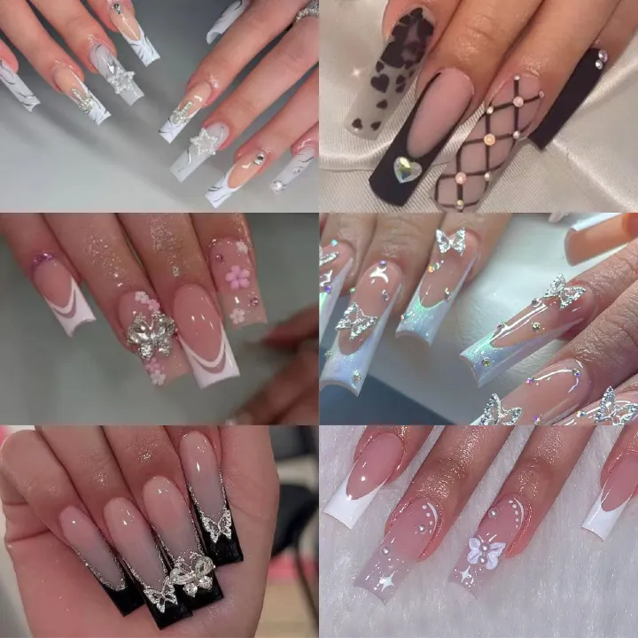 24Pcs Square False Nails with Jelly Glue Wearable Red Long Coffin Fake Nails Rhinestone Design Ballet Full Cover Press on Nails Tips