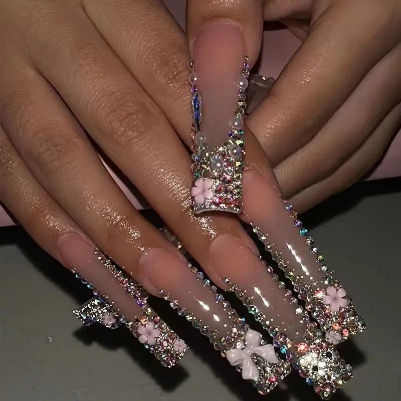 24Pcs Square False Nails with Jelly Glue Wearable Red Long Coffin Fake Nails Rhinestone Design Ballet Full Cover Press on Nails Tips