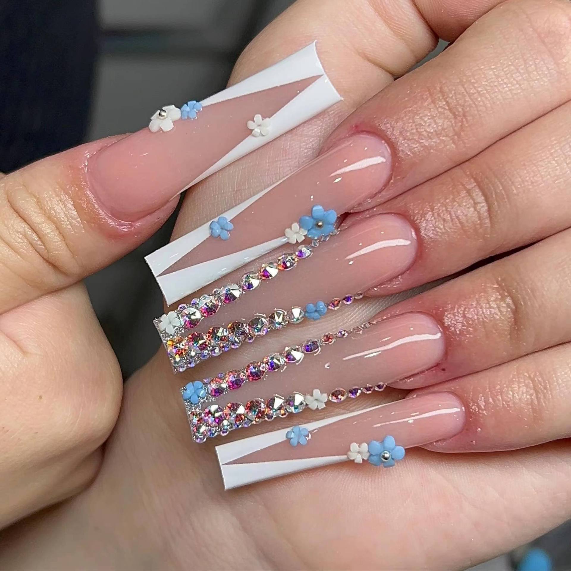 24Pcs Square False Nails with Jelly Glue Wearable Red Long Coffin Fake Nails Rhinestone Design Ballet Full Cover Press on Nails Tips
