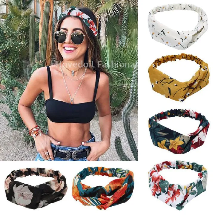 Women Girls Summer Bohemian Hair Bands Print Headbands Retro Cross Turban Bandage Bandanas HairBands Hair Accessories Headwrap