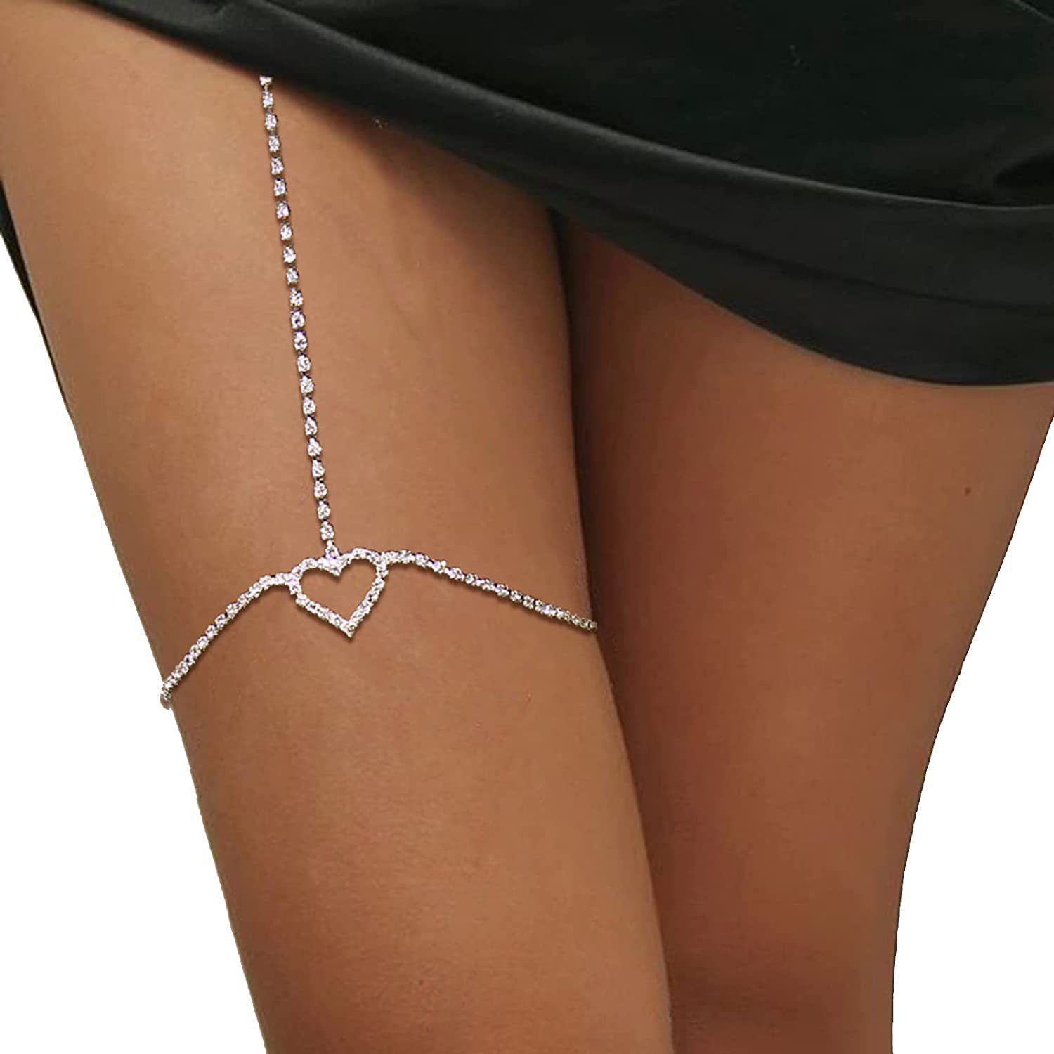 Stonefans Bohemian Crystal Heart Leg Chain Sexy Thigh Jewelry for Women Waist Belly Body Jewelry Rhinestone Leg Garter Chain