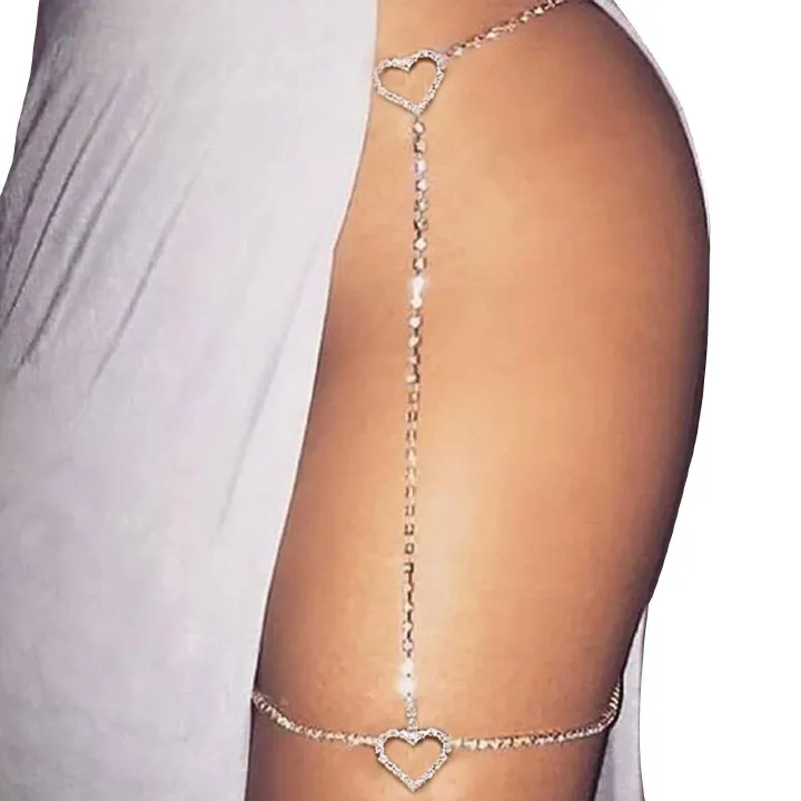 Stonefans Bohemian Crystal Heart Leg Chain Sexy Thigh Jewelry for Women Waist Belly Body Jewelry Rhinestone Leg Garter Chain