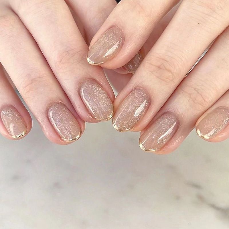 24Pcs/Set Short French Wearing Fake Nails Art Pink Gentle Girl Glitter Pearlized Press on Nail Tips Cute Natural Sweet Ins Style