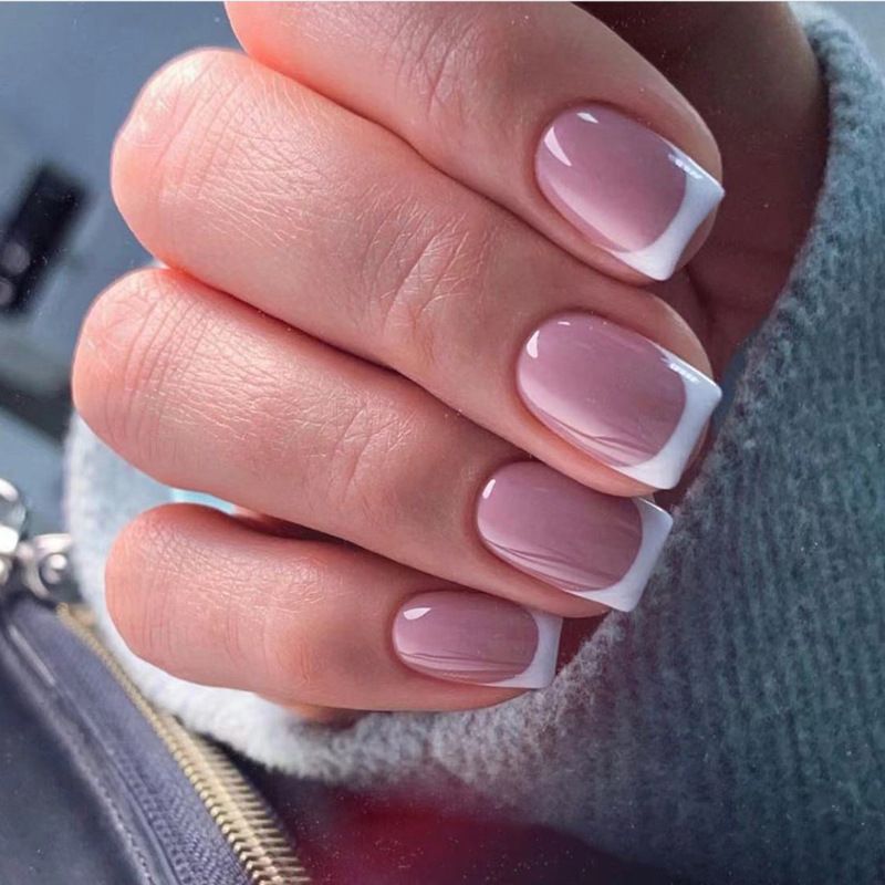 24Pcs/Set Short French Wearing Fake Nails Art Pink Gentle Girl Glitter Pearlized Press on Nail Tips Cute Natural Sweet Ins Style