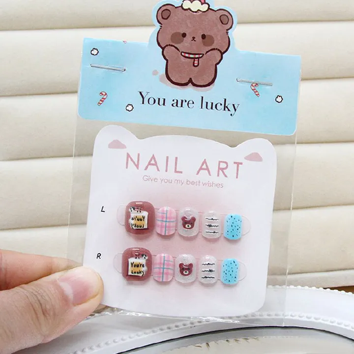 Children Press on Nails Cute Cartoon Cat Rabbit Fake Nails for Kids Cherry Star Acrylic Short Nail Art Child Wearable False Nail 10pcs