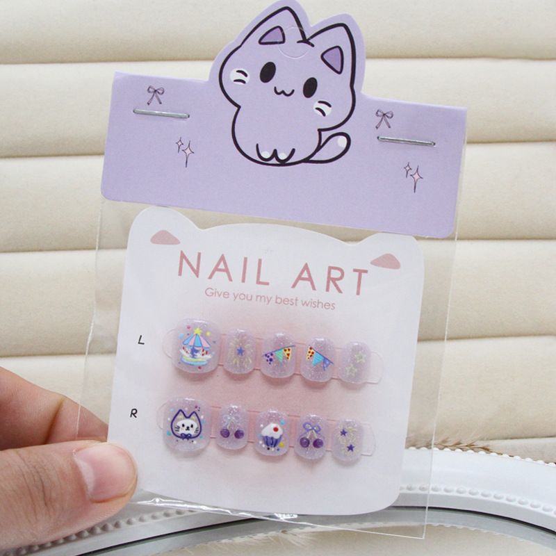 Children Press on Nails Cute Cartoon Cat Rabbit Fake Nails for Kids Cherry Star Acrylic Short Nail Art Child Wearable False Nail 10pcs