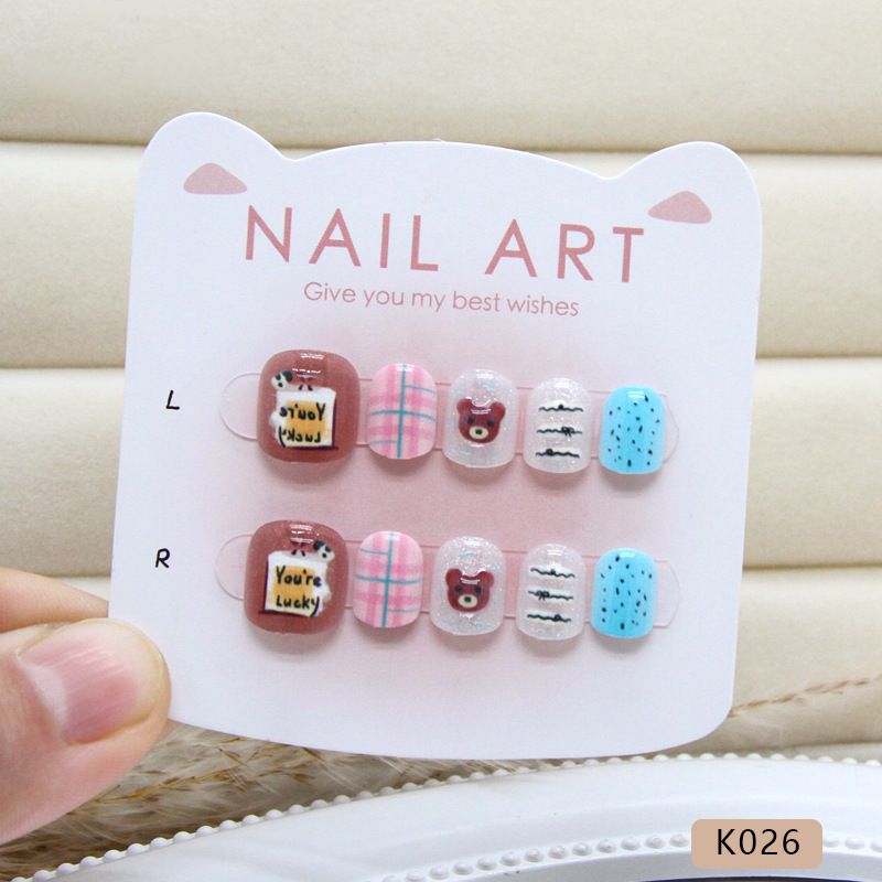 Children Press on Nails Cute Cartoon Cat Rabbit Fake Nails for Kids Cherry Star Acrylic Short Nail Art Child Wearable False Nail 10pcs