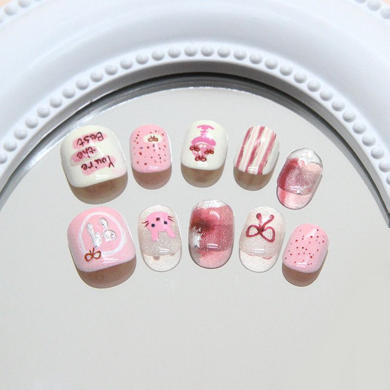 Children Press on Nails Cute Cartoon Cat Rabbit Fake Nails for Kids Cherry Star Acrylic Short Nail Art Child Wearable False Nail 10pcs