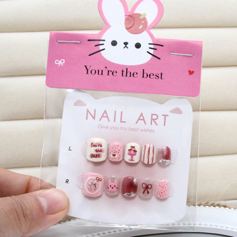 Children Press on Nails Cute Cartoon Cat Rabbit Fake Nails for Kids Cherry Star Acrylic Short Nail Art Child Wearable False Nail 10pcs