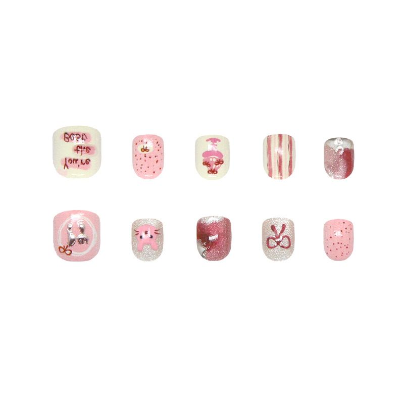 Children Press on Nails Cute Cartoon Cat Rabbit Fake Nails for Kids Cherry Star Acrylic Short Nail Art Child Wearable False Nail 10pcs