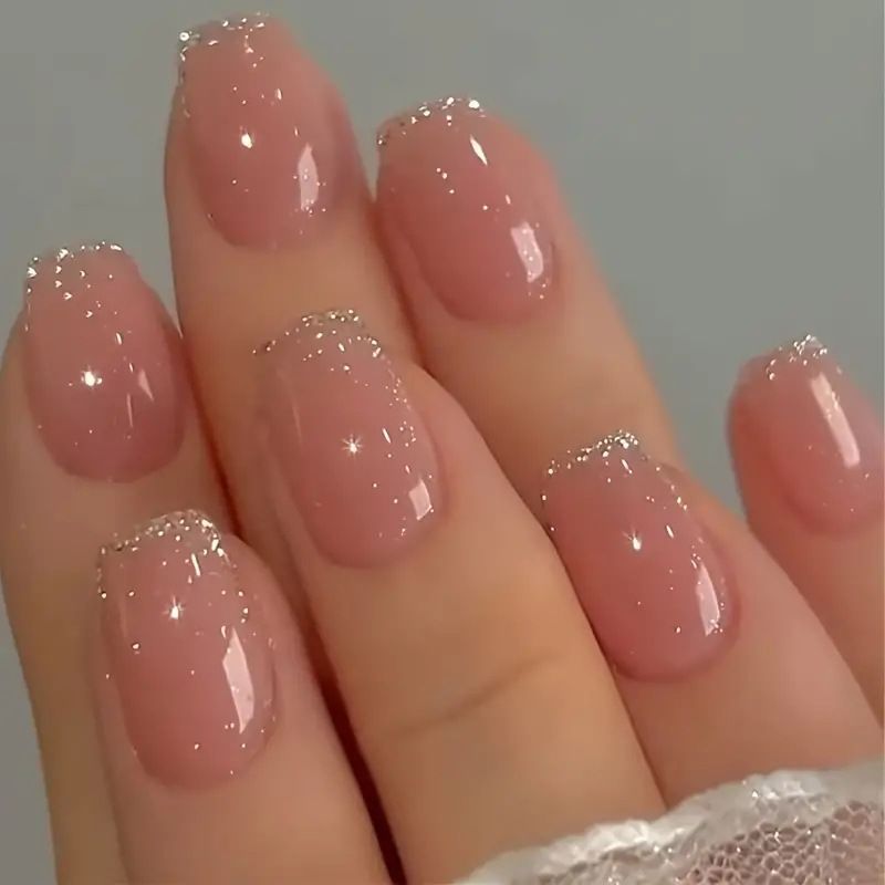 24Pcs/Set Short French Wearing Fake Nails Art Pink Gentle Girl Glitter Pearlized Press on Nail Tips Cute Natural Sweet Ins Style