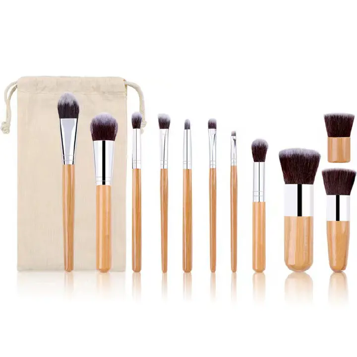 11Pcs/Pack Natural Bamboo Handle Makeup Brushes Set High Quality Foundation Blending Cosmetic Make Up Tool Set With Cotton Bag